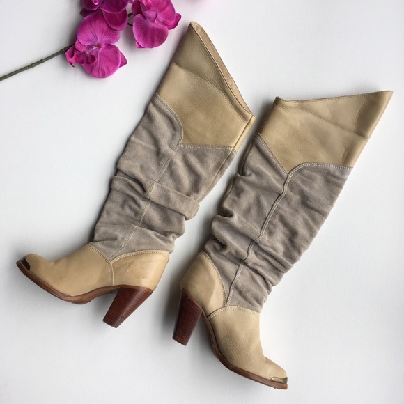 Vtg ZODIAC Beige Leather Suede 70s Tall Boots, 6 - Picture 2 of 8